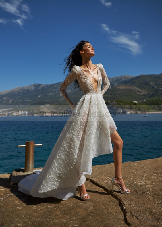 Sexy Deep V Neck Beaded Ivory Lace Wedding Dress